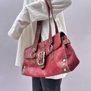 Franco Sarto Red Leather Embossed Brown Trim Shoulder Bag Dual Straps Buckle